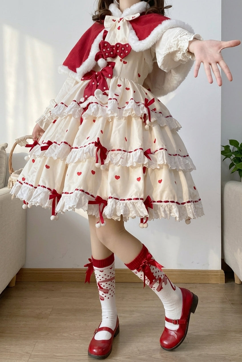Red/Apricot Triple-Layered Print Ruffle Bowknot Lace Sweet Princess Lolita Dress Cloak Set