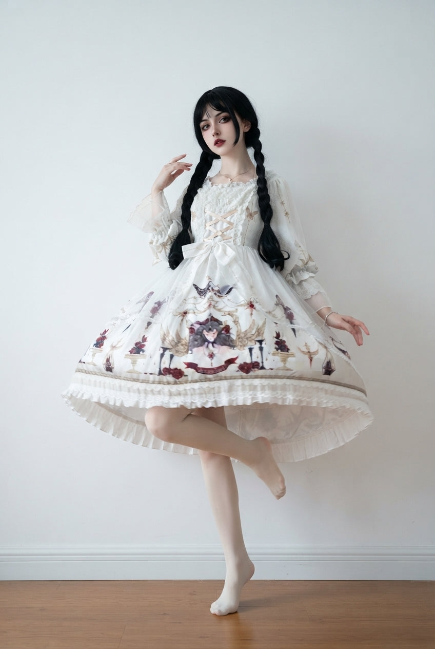 White Lace Ruffled Princess Print Sweet Lolita OP Dress
