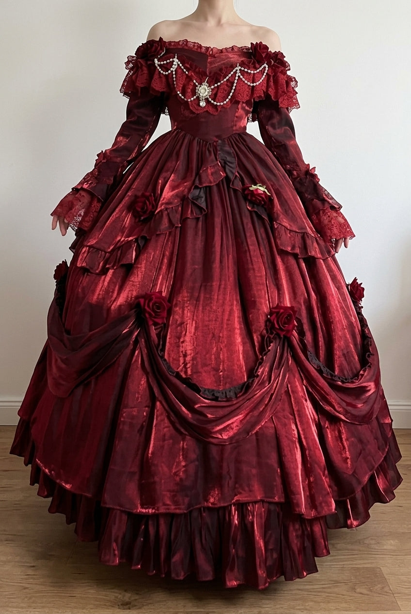 Red Tana Manor Rose Flower Long Sleeves Ruffle Bowknot Elegant Gothic Princess Lolita Strapless Dress