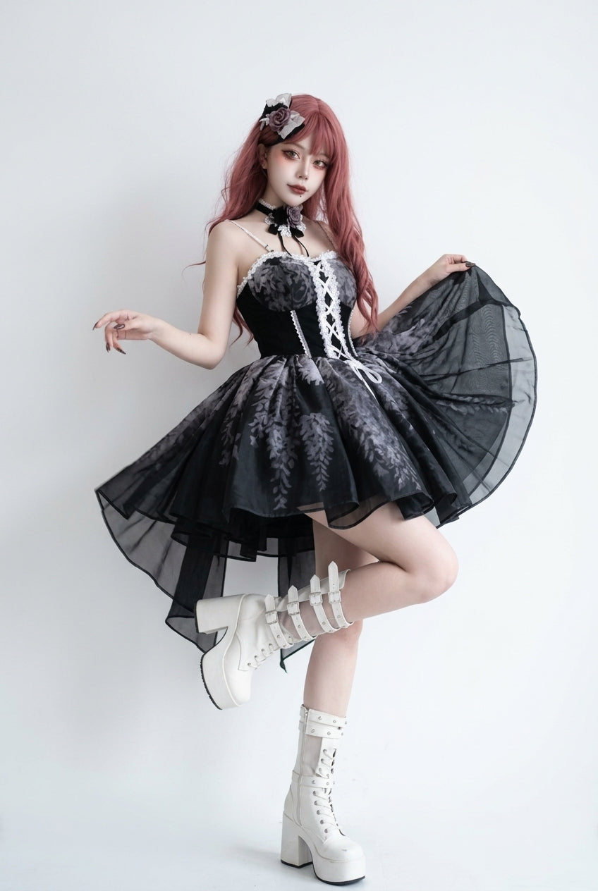 Black Sleeveless Ruffle Bowknot Gothic Princess Fish Bone Bridesmaid Lolita Jsk Dress