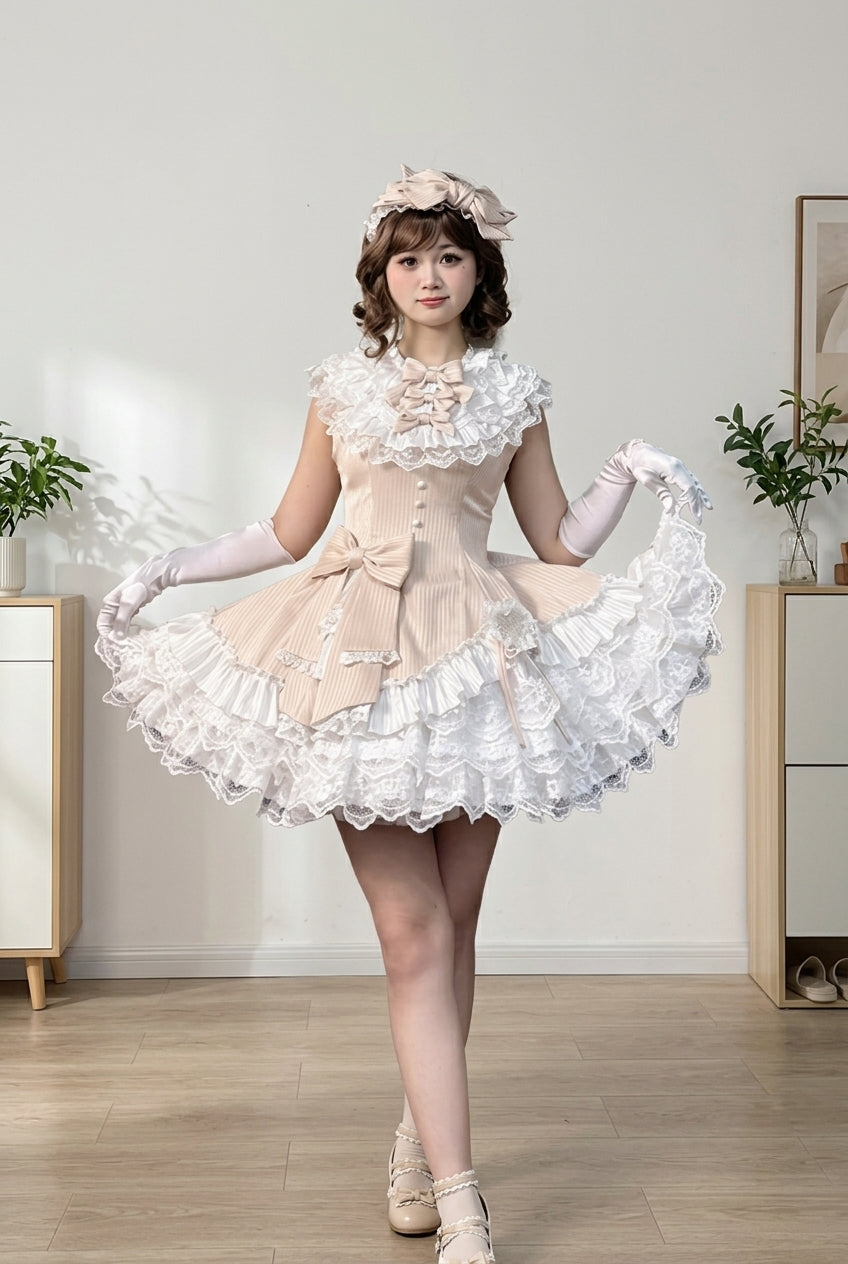 Champagne Miss Tsundere Sleeveless Multi-Layered Ruffle Bowknot Lace Asymmetric Sweet Princess Lolita Dress