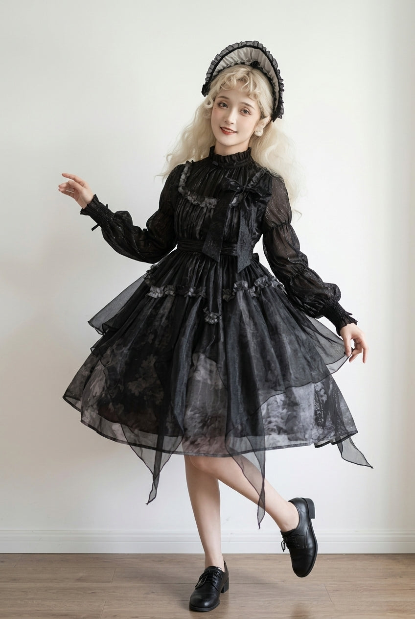 Black Stand Collar High Waisted Dead Leaves Print Tulle Gothic Princess Lolita Jsk Dress