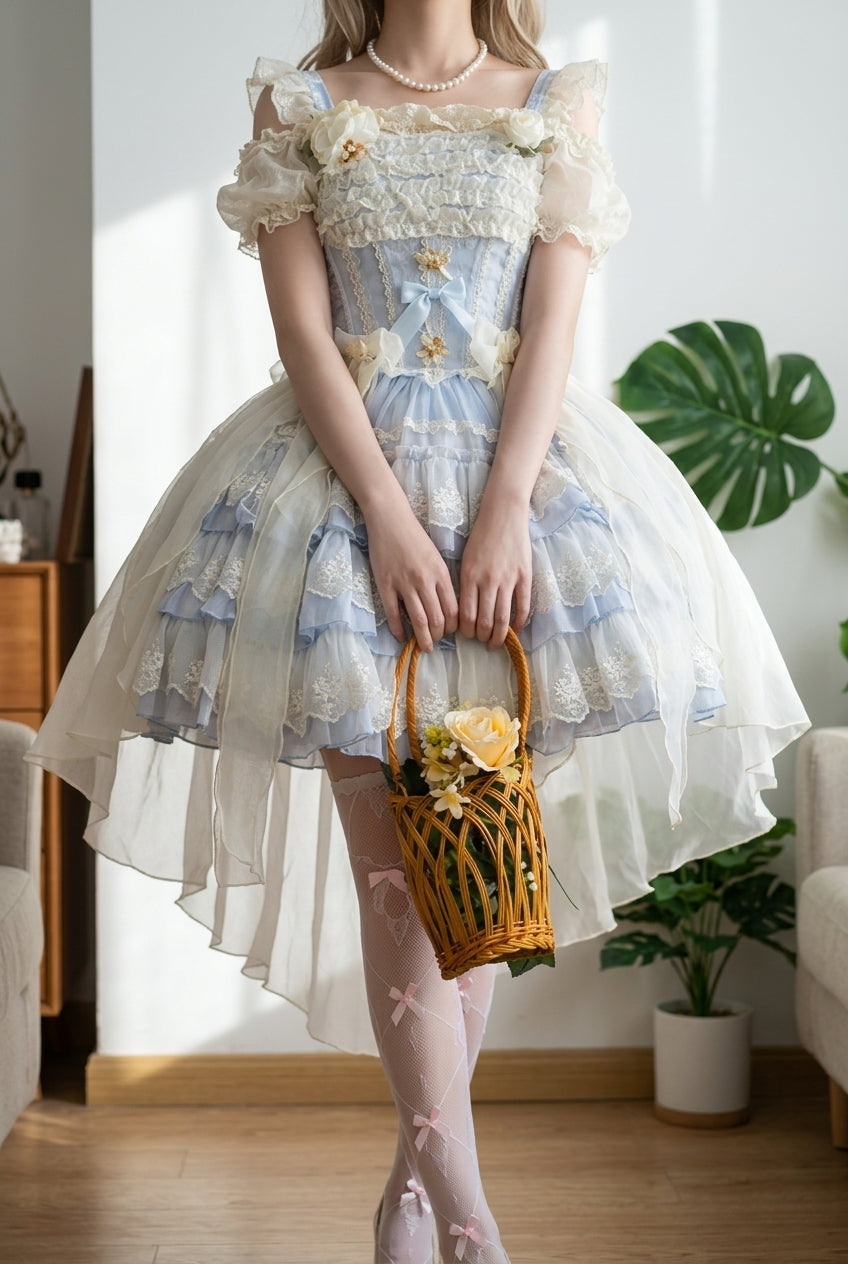 Sweet Triple-Layered Ruffle Bowknot Lace Princess Ballet Lolita Tiered Dress 2 Colors