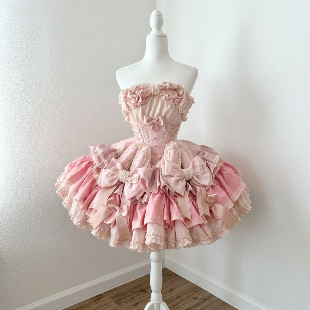 Ribbon Dance Multi-Layered Ruffle Bowknot Lace-Up Sweet Princess Lolita Dress 3 Colors