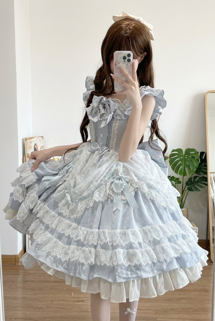 Blue Fairy Tale Advent Multi-Layered Ruffle Bowknot Lace Sweet Princess Gorgeous Lolita Tiered Dress