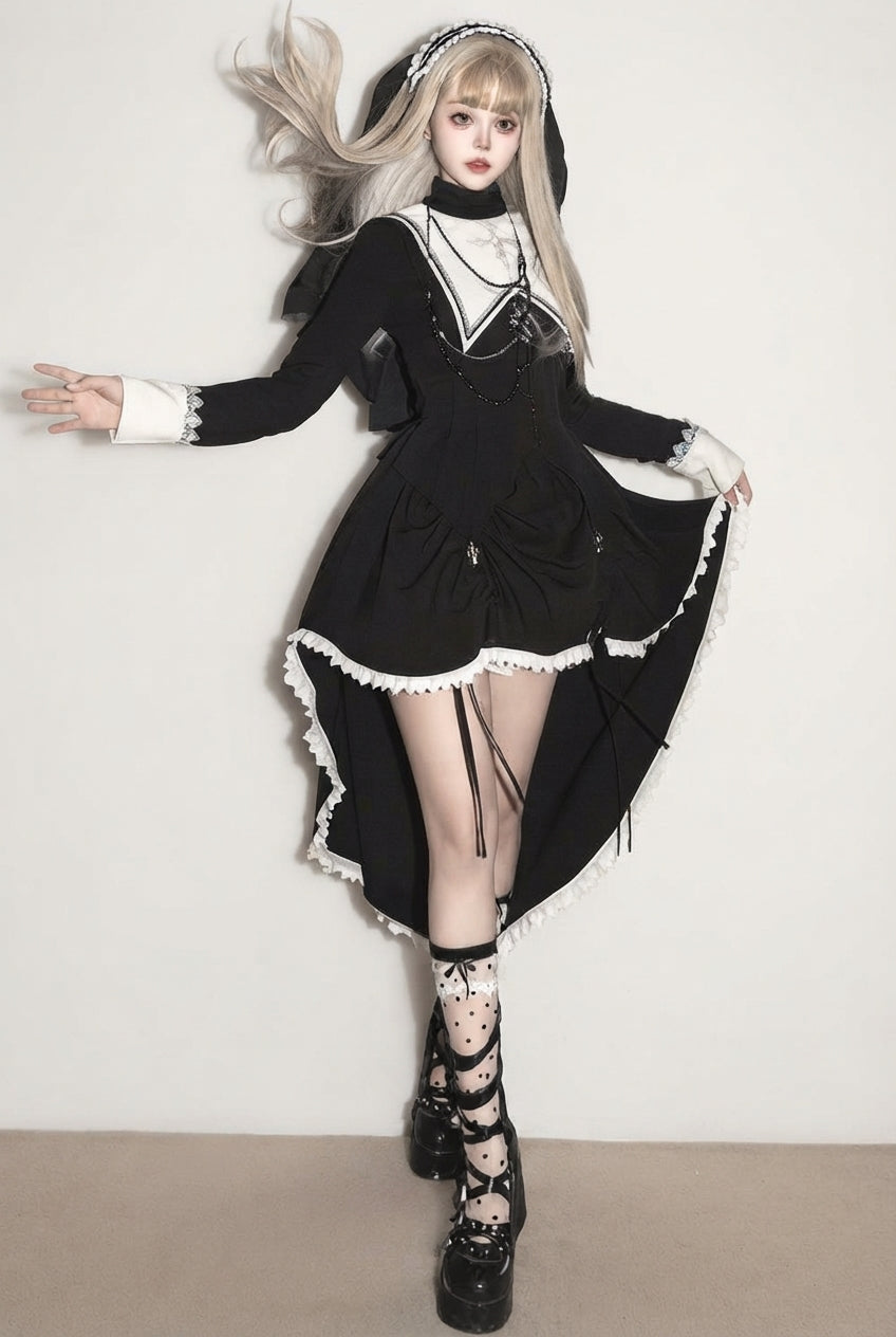 Black/White Peace Prayer Long Sleeves Ruffle Bowknot Asymmetric Gothic Lolita Skirt Set