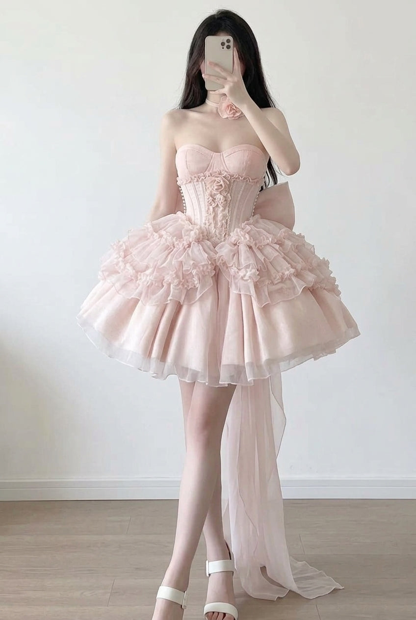 Pink Strapless Multi-Layered Ruffled Flower Corset Sweet Princess Ballet Lolita JSK Dress