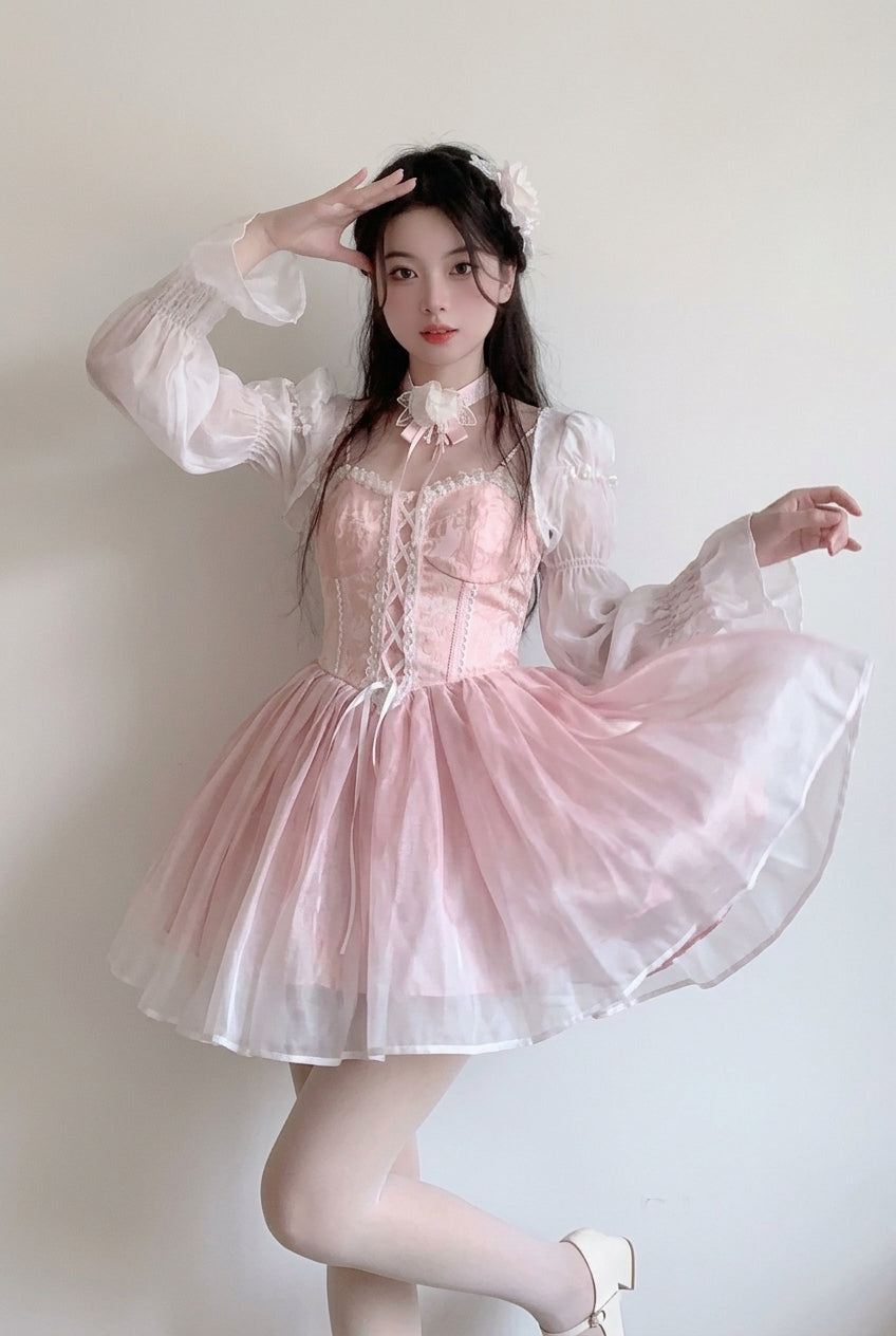 Pink Sleeveless Ruffle Bowknot Sweet Princess Fish Bone Bridesmaid Lolita Jsk Dress