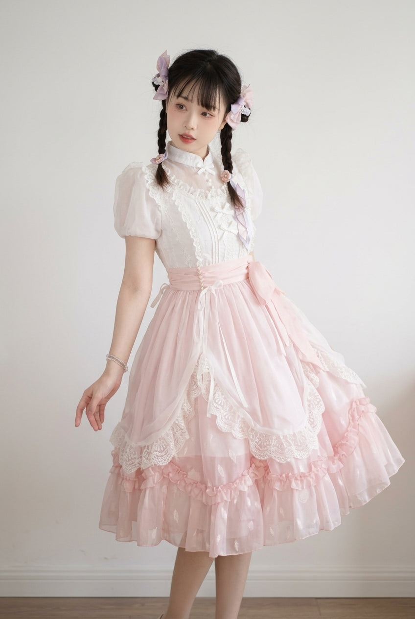 Pink Round Collar Short Sleeves Lace Ruffle Bowknot Sweet Princess Lolita Dress