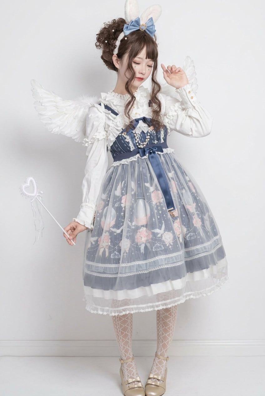 Blue Chiffon Flower Wedding Wearing Veil Princess Sweet Lolita JSK Dress