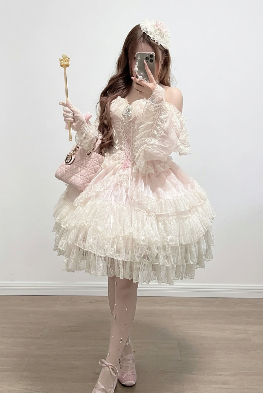 Princess Off Shoulder Multi-Layered Ruffle Bowknot Lace Sweet Elegant Lolita Strapless Dress
