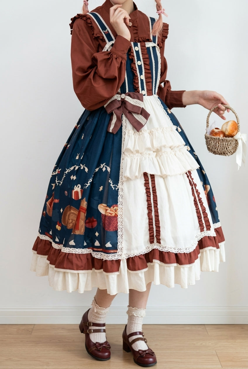 Multi-Color Christmas Far Away Print Ruffle Bowknot Sweet Princess Lolita Jsk Dress