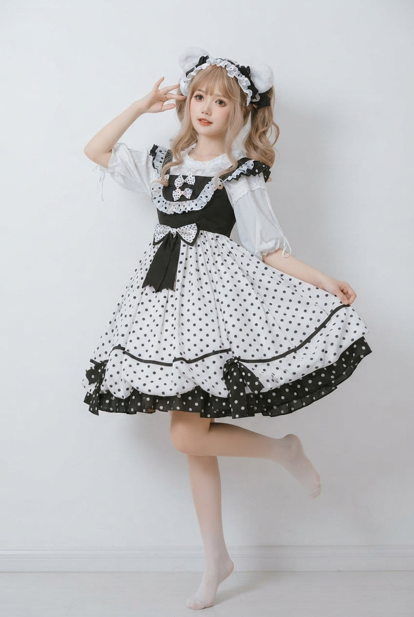 White/Black Polka Dot Print Bowknot Princess Sweet Lolita Suspender Dress