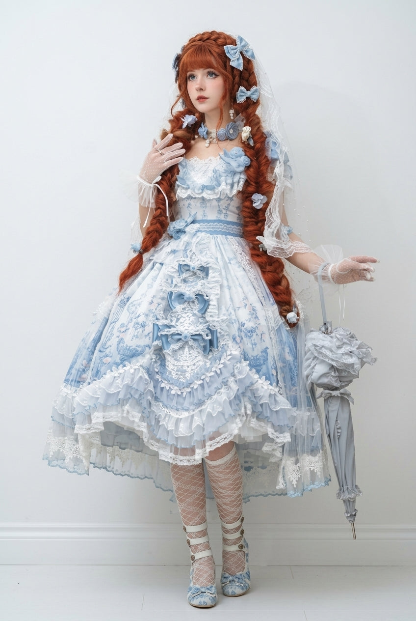 Blue The Key to the Secret Realm Gorgeous Wedding Princess Sweet Lolita Dress Set