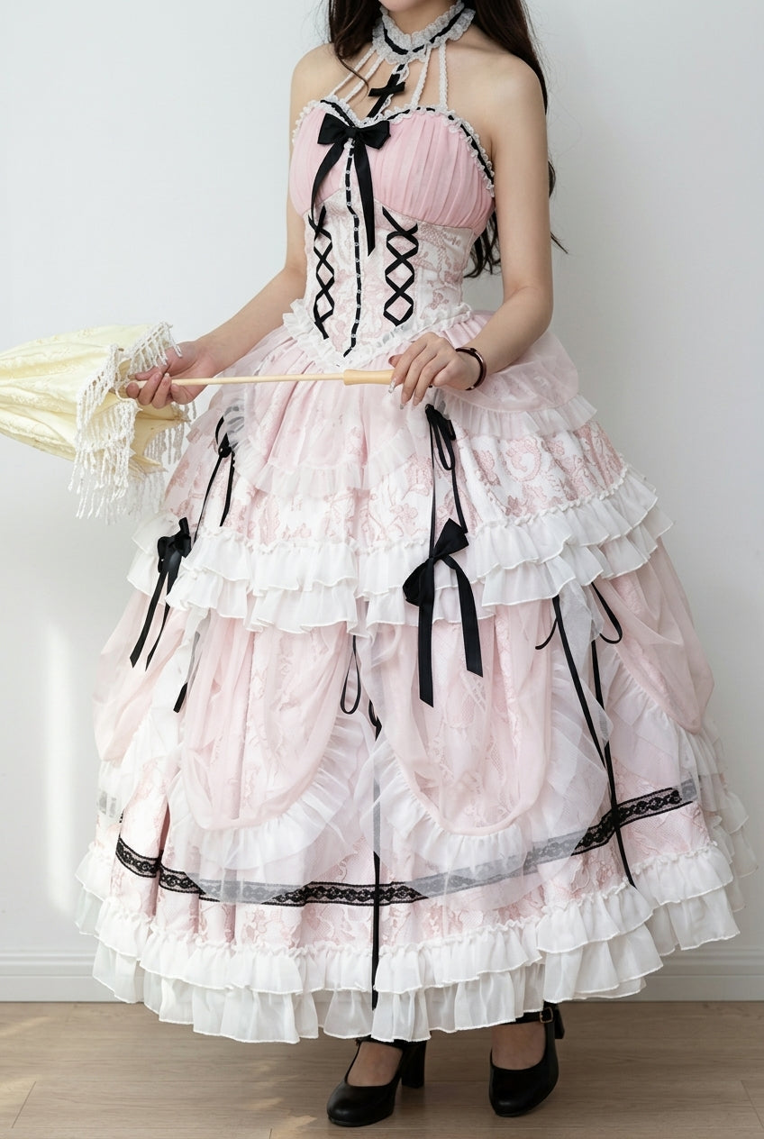 Pink Cross Halterneck Ruffle Bowknot Lace Lace-Up Princess Sweet Lolita Dress