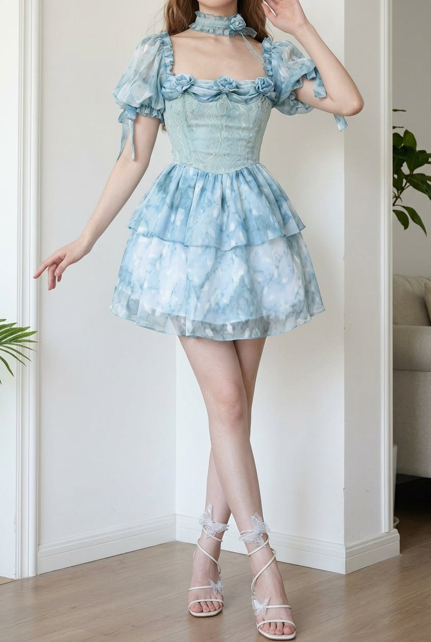 Blue Square Collar Short Puff Sleeves Multi-Layered Print Ruffle Bowknot Tie-dyed Sweet Princess Lolita Dress