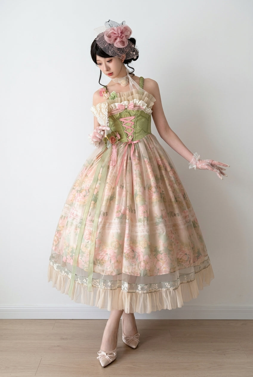 Green Floral Sleeveless Corset Ruffled Mesh Sweet Princess Vintage Lolita Jsk Dress