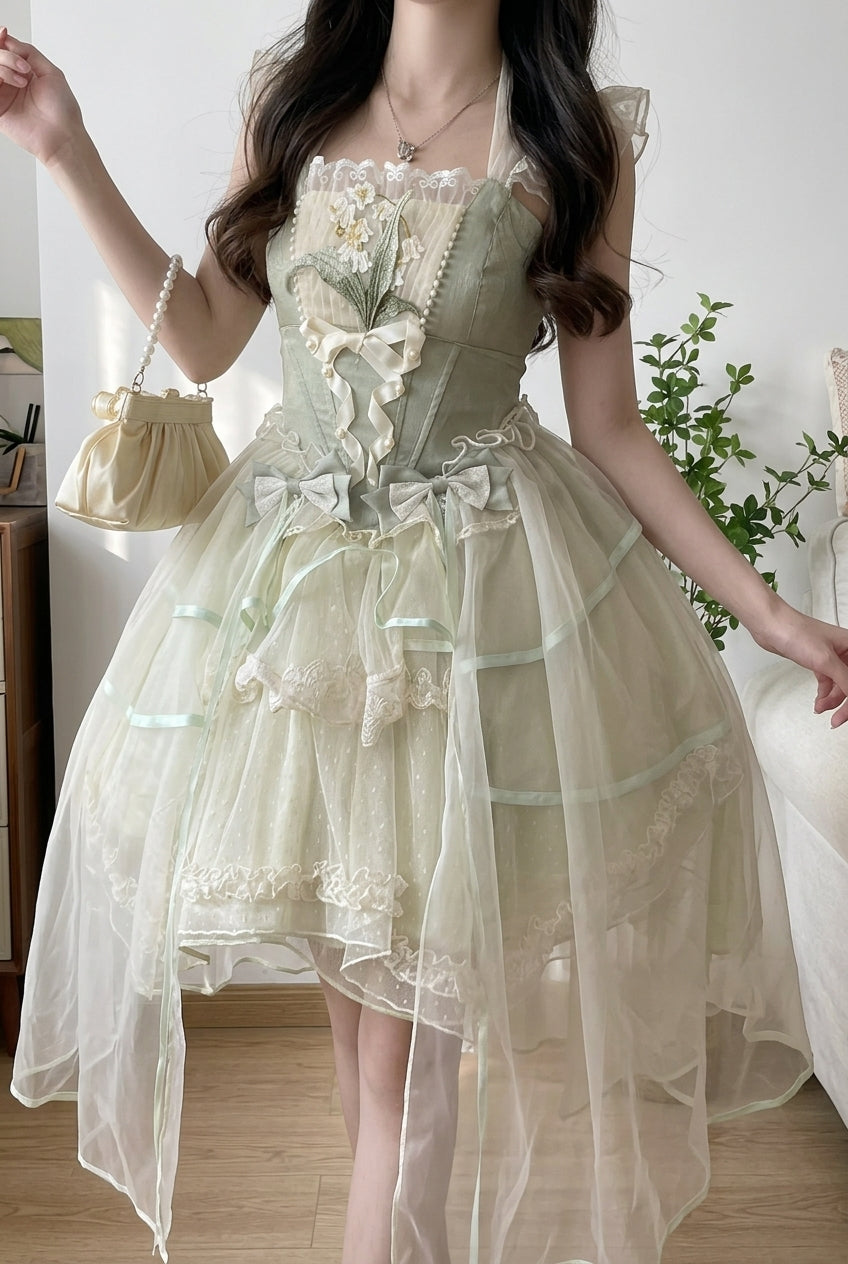 Green Lily of the Valley Summer Polka Dot Print Ruffle Bowknot Lace-Up Sweet Princess Lolita Jsk Dress