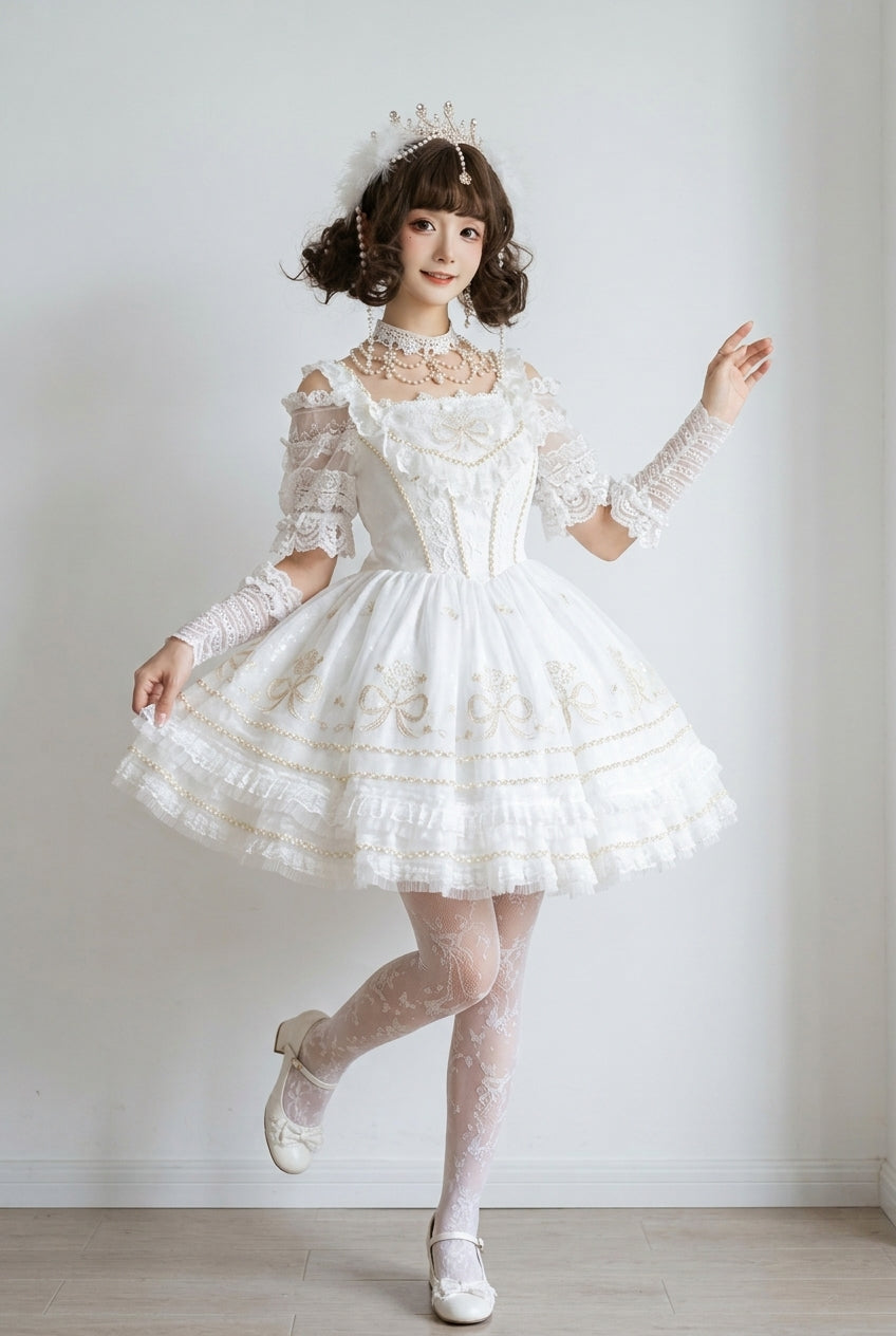 White Multi-layer Dream Dance Print Embroidery Tulle Sweet Princess Lolita Jsk Dress