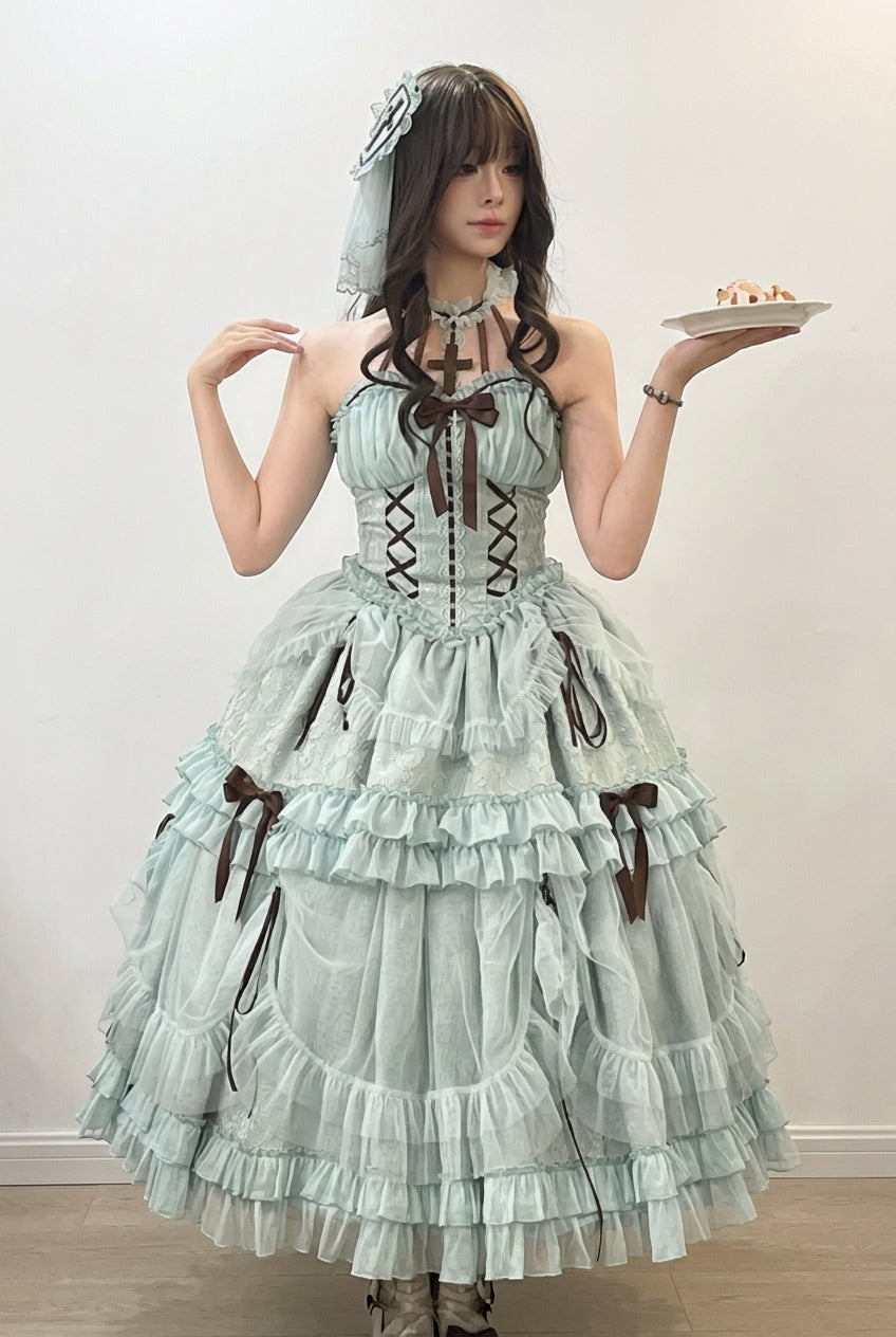 Mint Green Cross Halterneck Ruffle Bowknot Lace Lace-Up Princess Sweet Lolita Dress