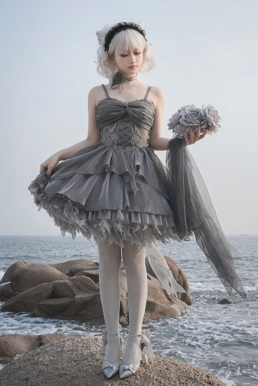 Silver Gray Ruffle Bowknot Peninsula Iron Box Ballet Sweet Elegant Princess Lolita Jsk Dress