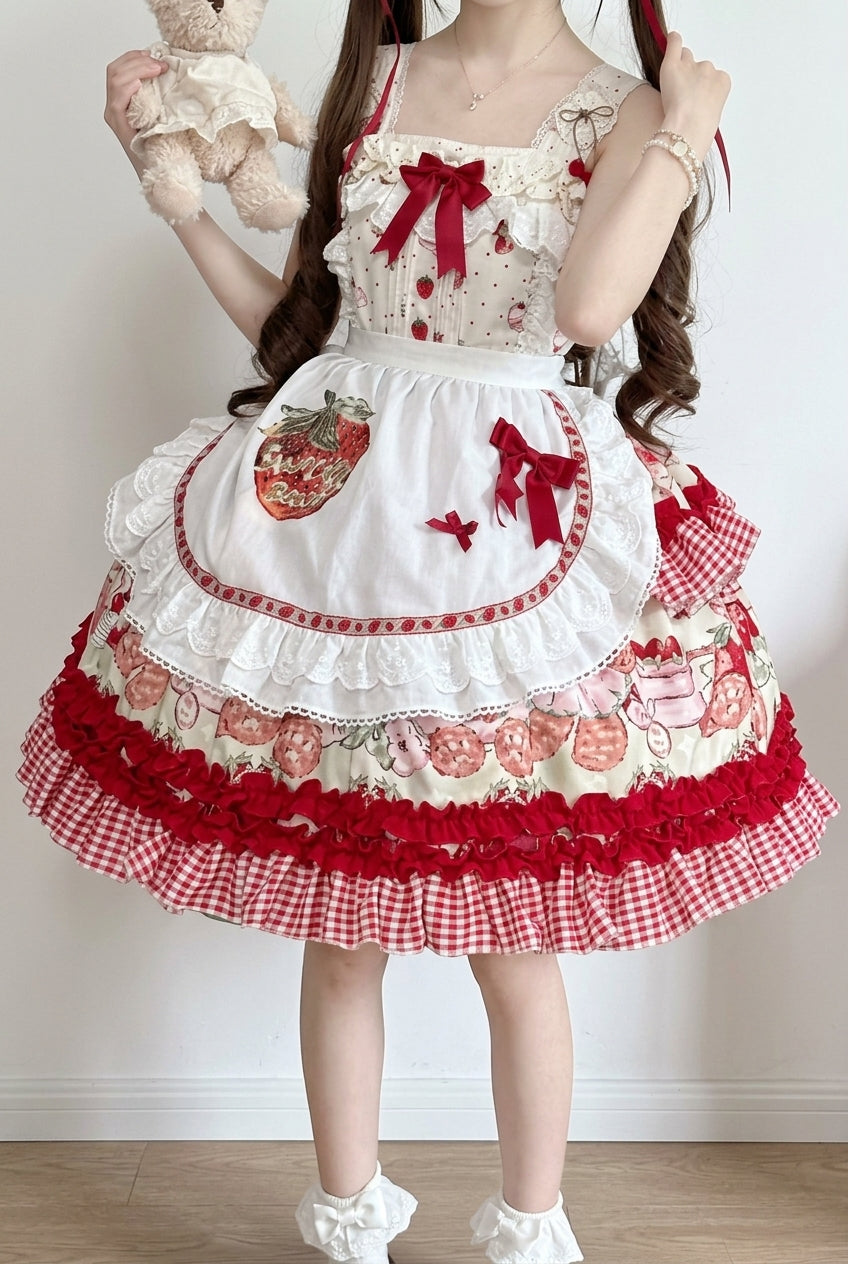 Red Strawberry Bear Sleeveless Double-Layered Print Ruffle Bowknot Sweet Princess Lolita Jsk Dress