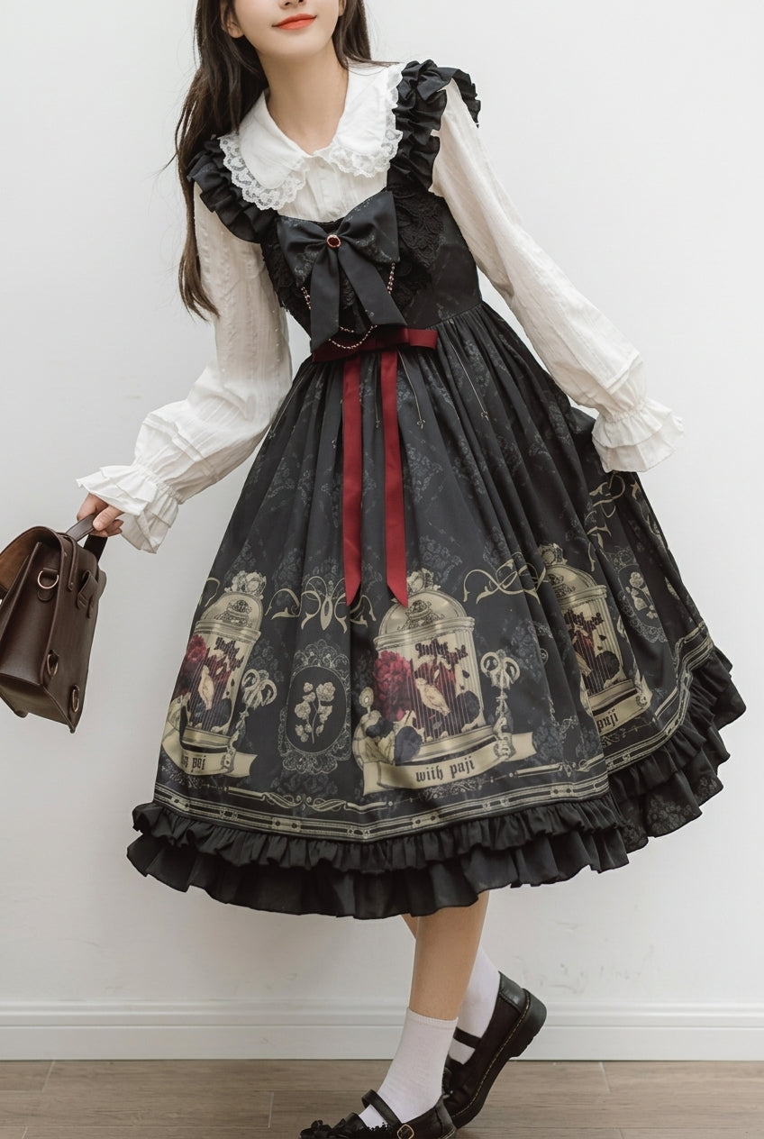 Black Birdcage Rose Print Ruffle Bowknot Gothic Princess Lolita Dress