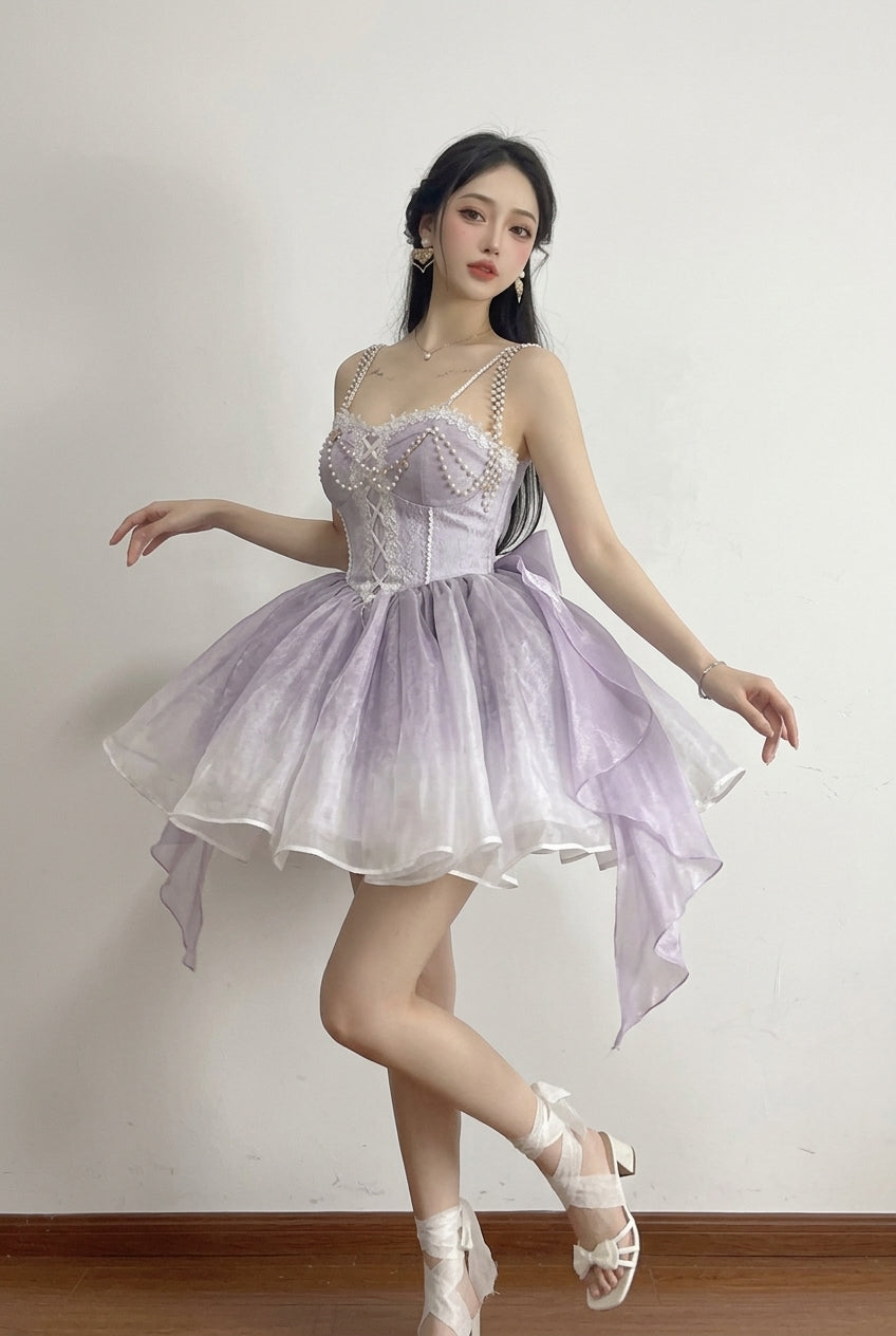 Purple Sleeveless Ruffle Bowknot Sweet Princess Fish Bone Bridesmaid Lolita Jsk Dress