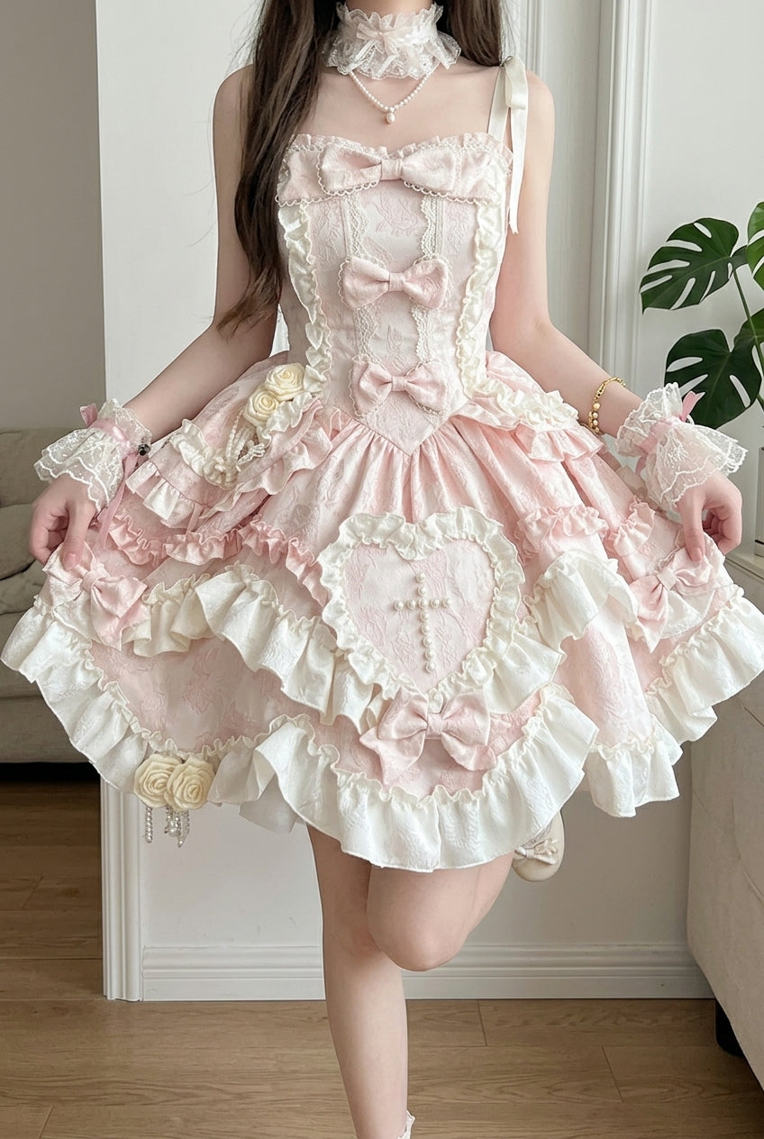 Pink Heart of Butterfly Halterneck Sleeveless Multi-Layered Ruffle Embroidery Princess Ballet Lolita Jsk Dress Set