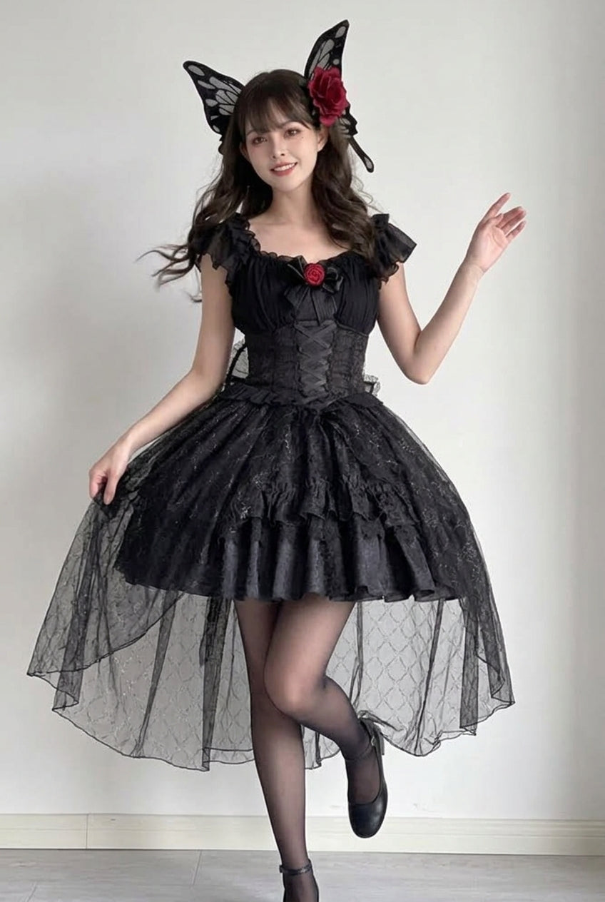 Black Short Sleeves Ruffle Rose Bowknot Elegant Princess Gothic Lolita Tiered Dress