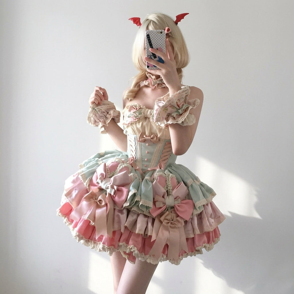 Ribbon Dance Multi-Layered Ruffle Bowknot Lace-Up Sweet Princess Lolita Dress 3 Colors