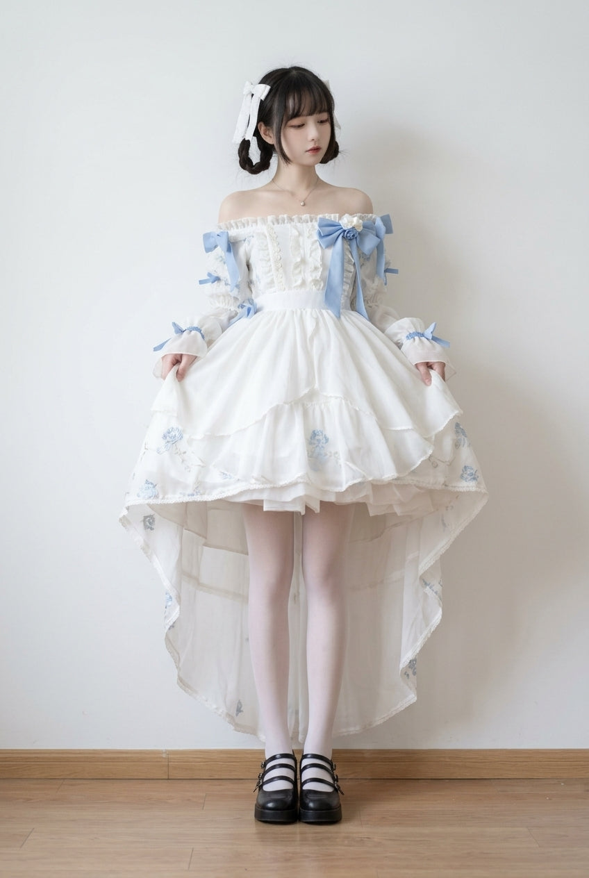 White Boat Neck Multi-layer Ruffle Hanayome Bowknot Sweet Princess Lolita Strapless Dress