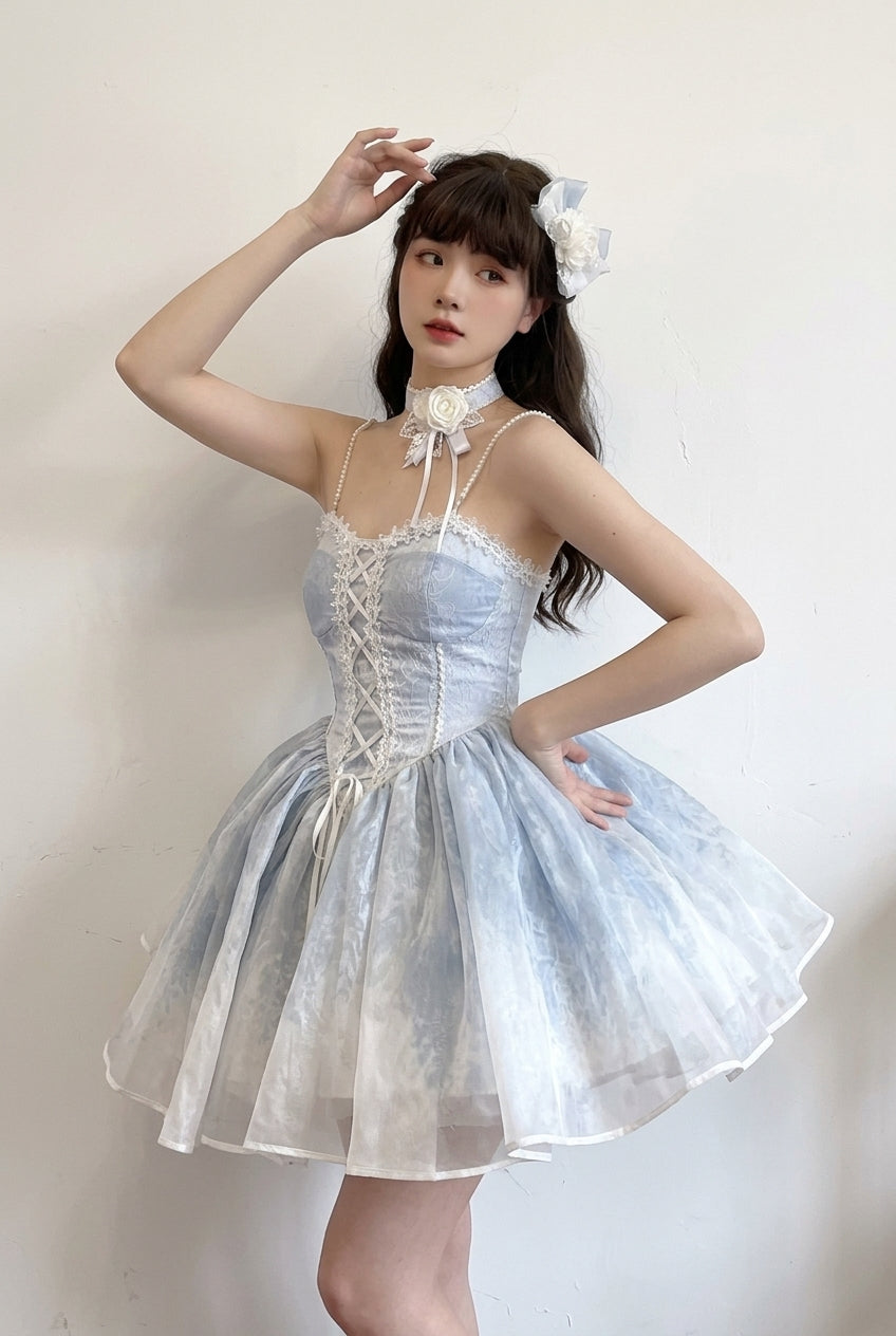 Blue Sleeveless Ruffle Bowknot Sweet Princess Fish Bone Bridesmaid Lolita Jsk Dress