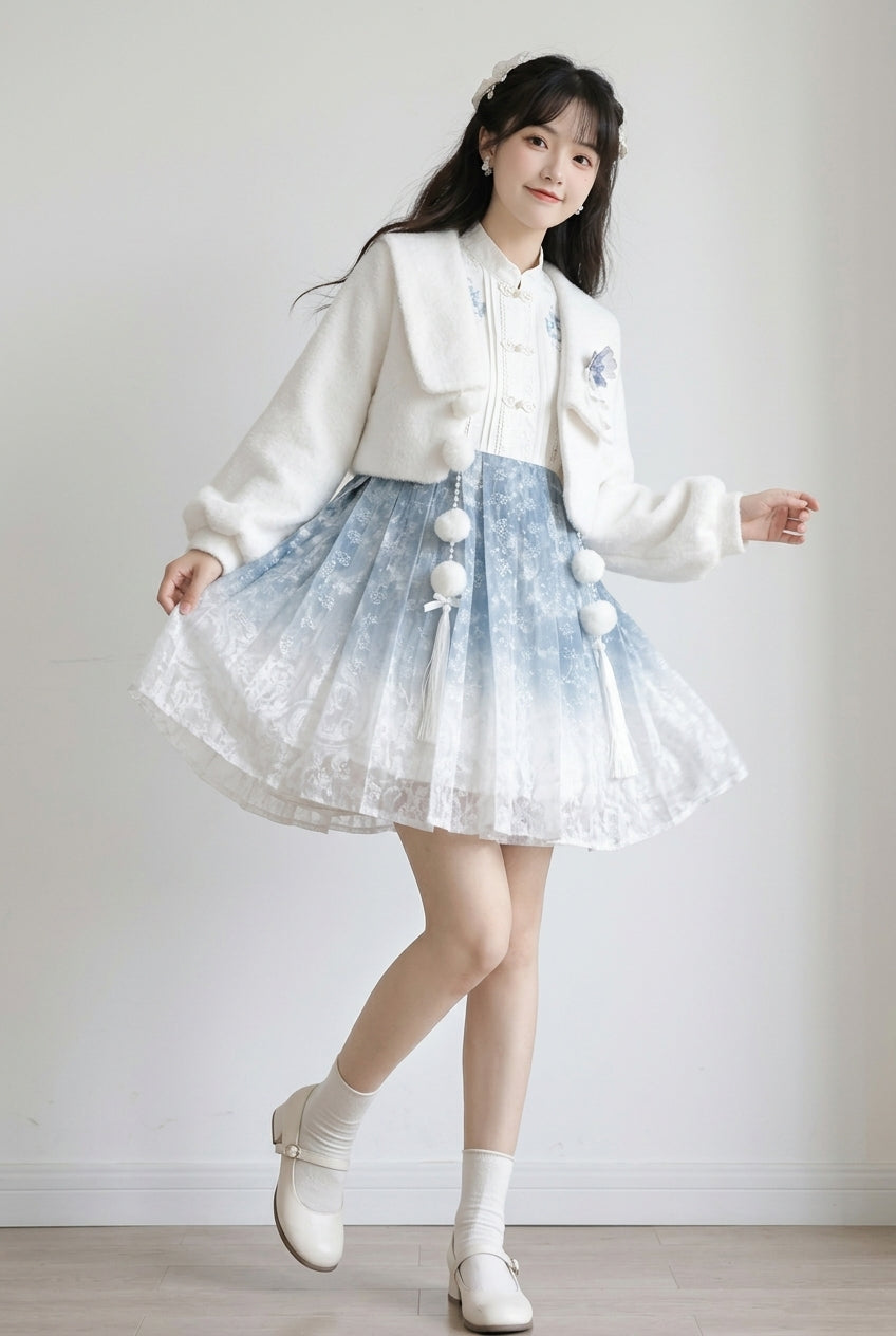 White/Blue Long Sleeves Print Ruffle Chinese Style Princess Sweet Lolita Jsk Dress Set
