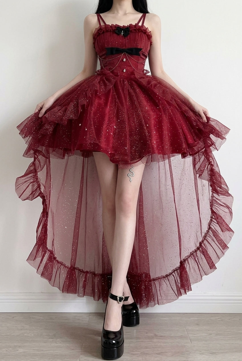 Red Shining Bowknot Irregular Sweet Princess Gorgeous Lolita Jsk Dress (Include Train)