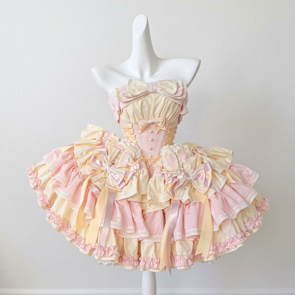 Ribbon Dance Multi-Layered Ruffle Bowknot Lace-Up Sweet Princess Lolita Dress 3 Colors
