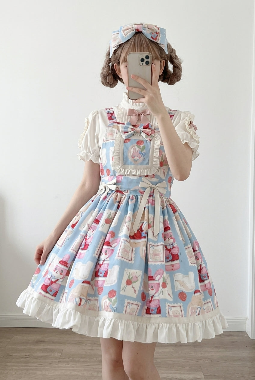 Light Blue Letter from Showa Rabbit and letter Print Ruffle Bowknot Sweet Princess Lolita Strap Dress