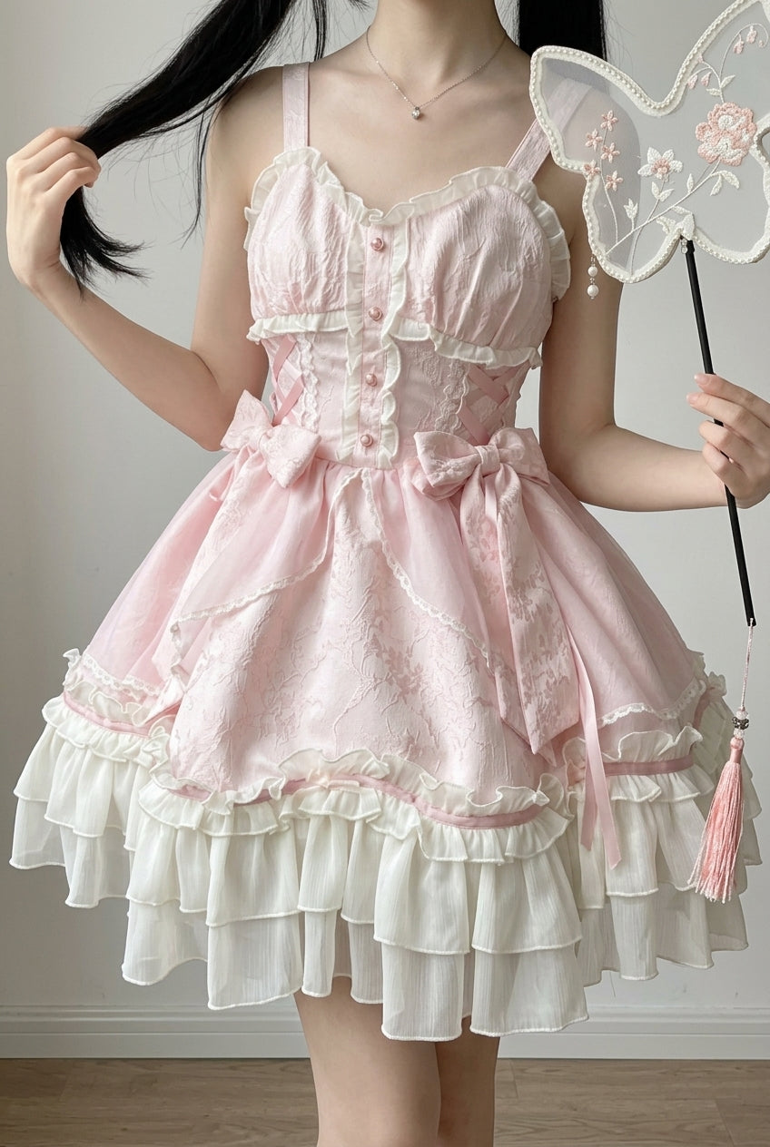 Pink Spring Flower Notes Ruffle Bowknot Lace Sweet Princess Lolita Jsk Dress
