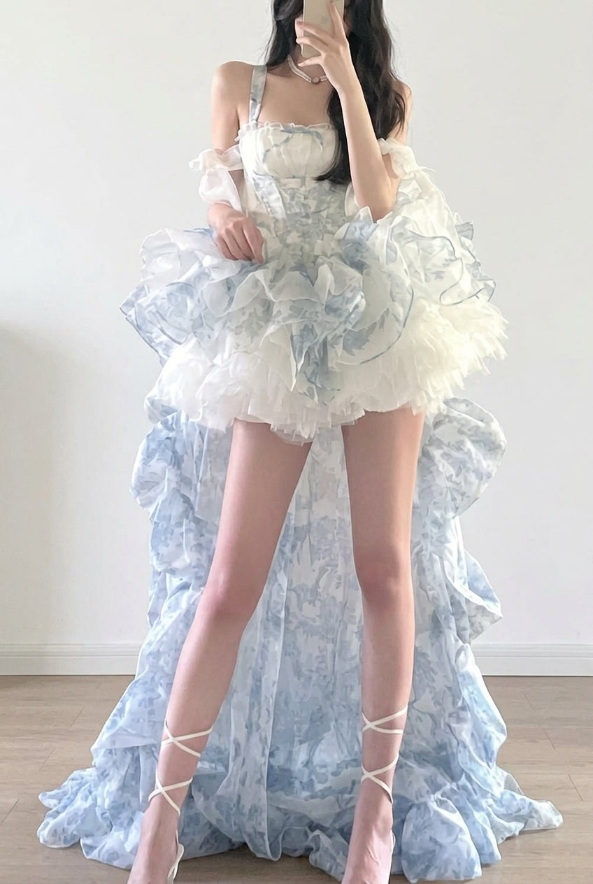 Light Blue Floral Layered Ruffled High-Low Train Bow Sweet Princess Lolita JSK Dress