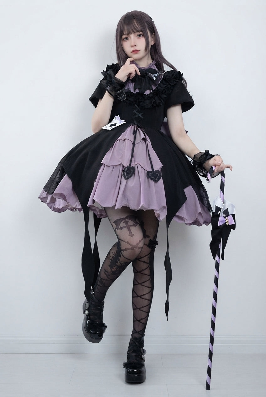 Black/Purple Phantom Thief Ace of Spades Short Sleeves Ruffle Bowknot Gothic Lolita Dress Set