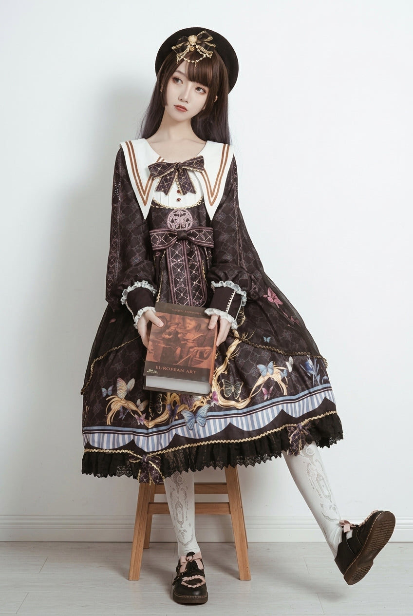 Black Navy Collar Long Sleeves Butterfly Print Ruffle Bowknot Gothic Elegant Princess Lolita Dress