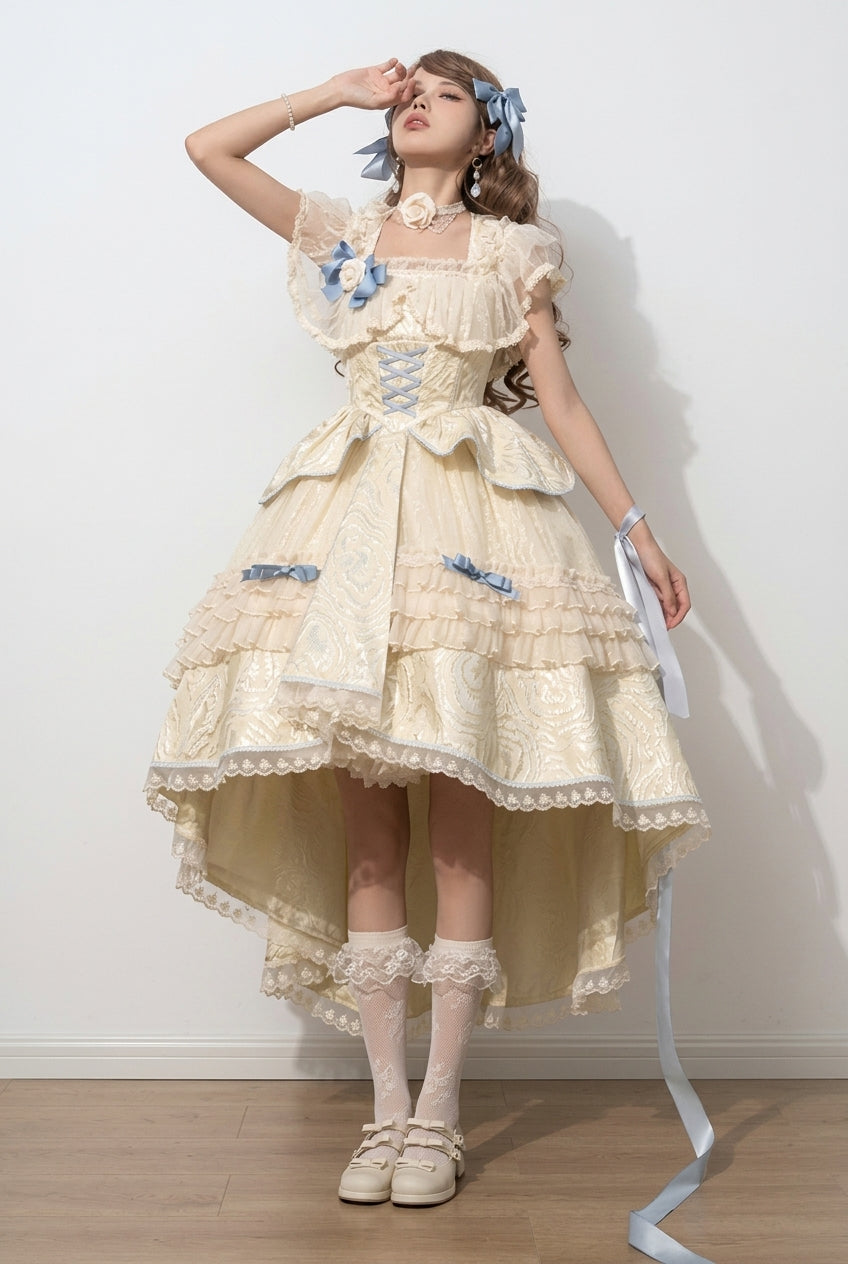 Ivory/Blue Ruffle Bowknot Sweet Elegant Princess Lolita Jsk Dress