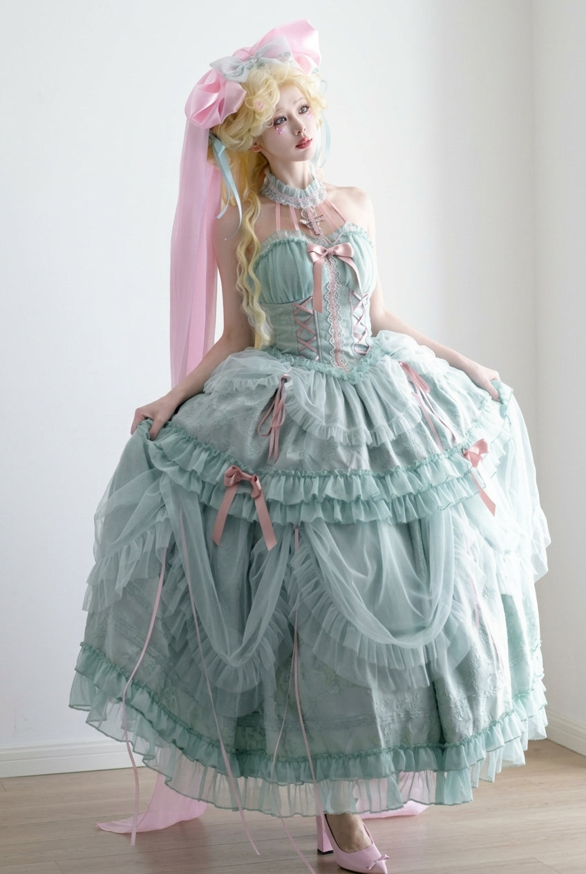 Green Cross Halterneck Ruffle Bowknot Lace Lace-Up Princess Sweet Lolita Dress