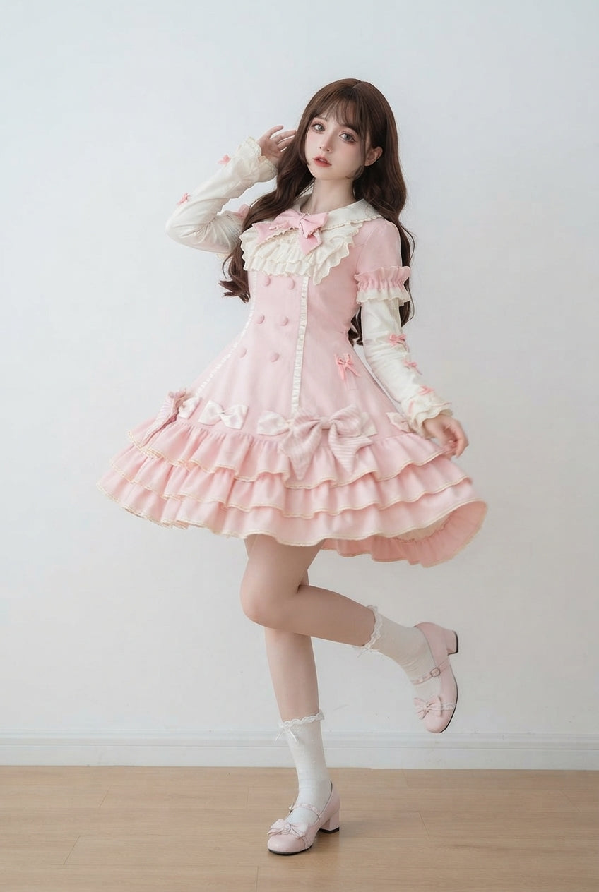 Pink Striped Layered Short Sleeves Multi-Layered Ruffle Bowknot Sweet Princess Lolita Tiered Dress