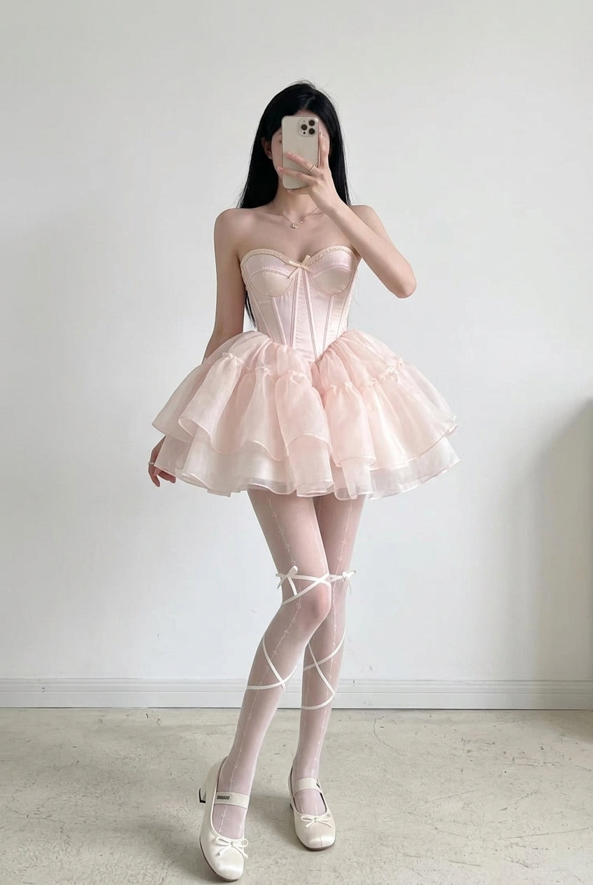 Pink Sleeveless Multi-Layered Ruffled Corset Big Bow Sweet Princess Ballet Lolita Jsk Dress