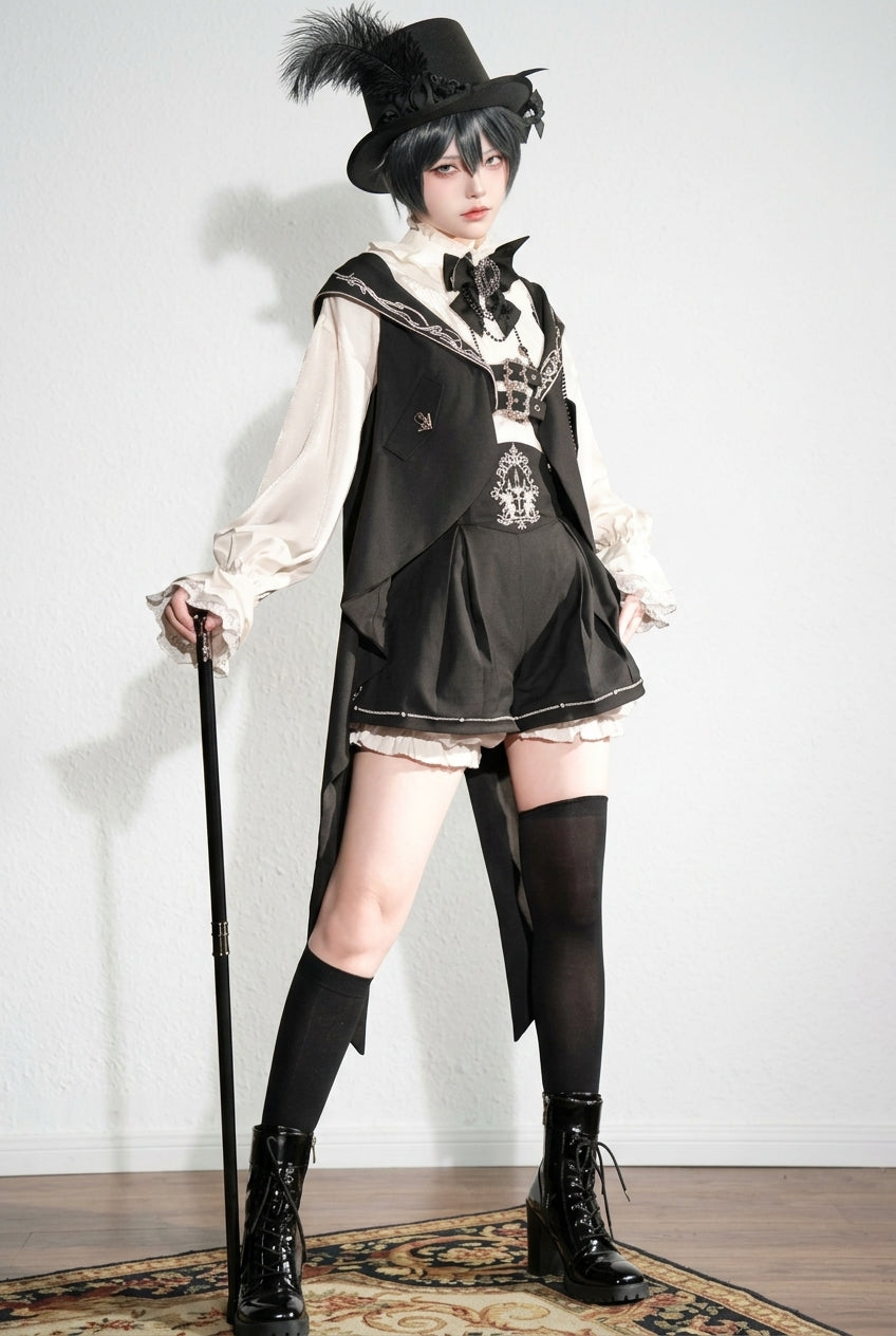 Black Bunny-Eared Meteorite Long Sleeves Embroidered Gothic Prince Ouji Lolita Shorts Vest Set
