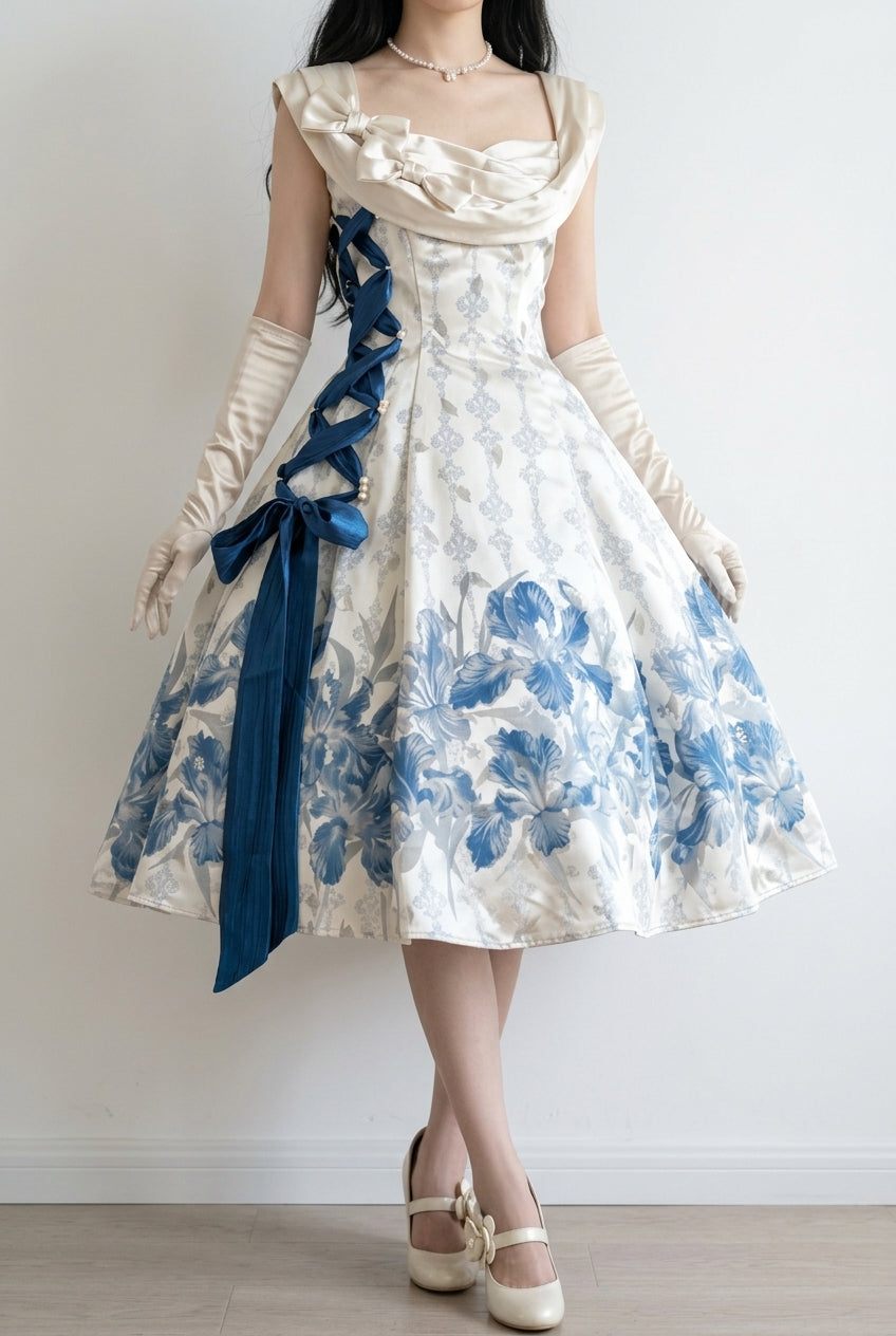 Blue Floral Print Sleeveless Drape Collar Side Lace-Up Bow Sweet Princess Vintage Lolita Dress