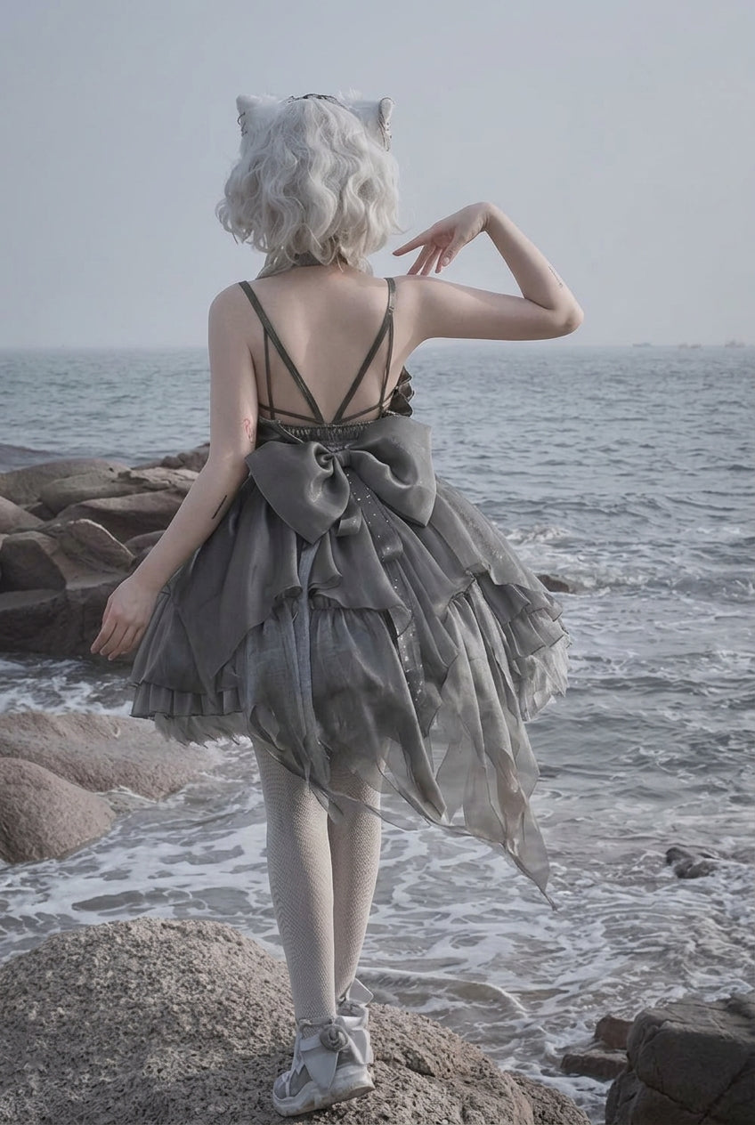 Silver Gray Ruffle Bowknot Peninsula Iron Box Ballet Sweet Elegant Princess Lolita Jsk Dress