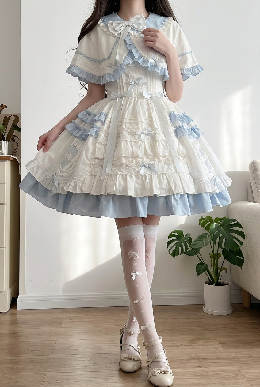 White/Blue Window Dolls Multi-Layered Ruffle Love Bowknot Sweet Princess Lolita Jsk Dress with Cape