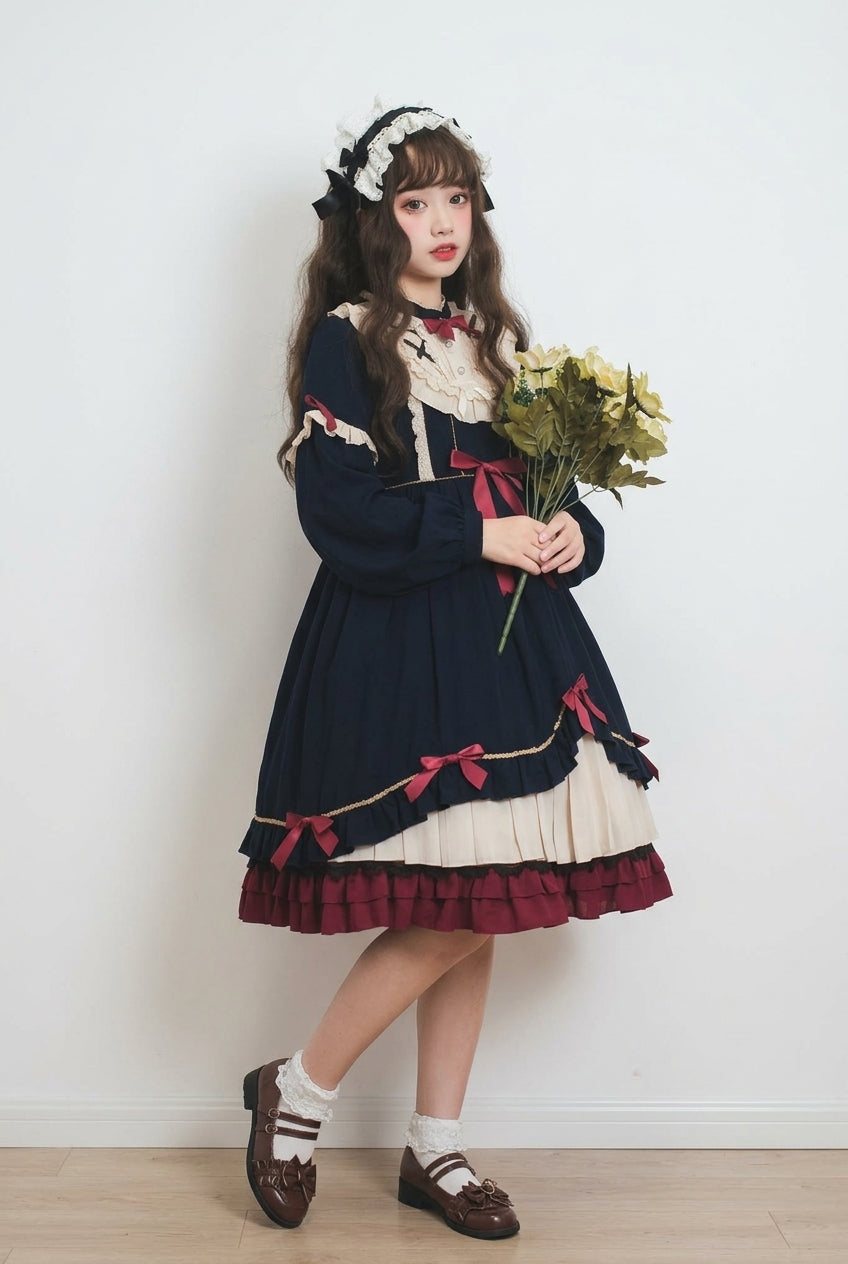 Blue Long Sleeves Ruffle Bowknot Daily Sweet Princess Lolita Dress
